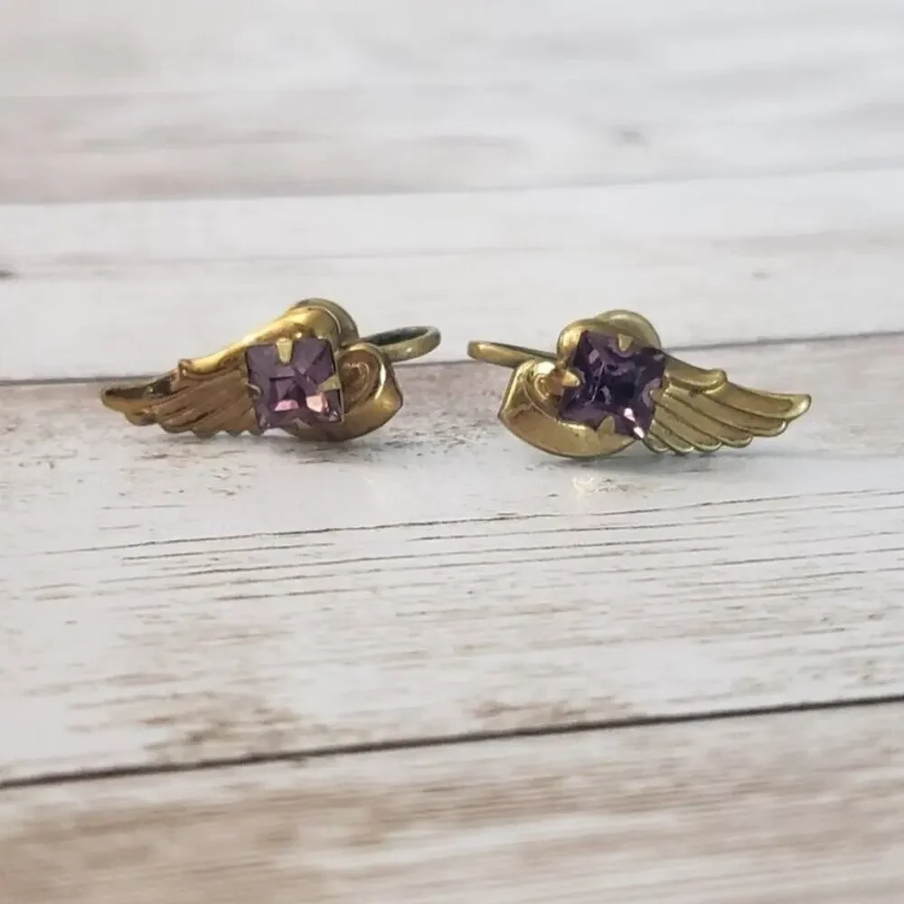 Vintage Screw On Earrings - Dark Gold Tone Feather with Square Purple Gem
